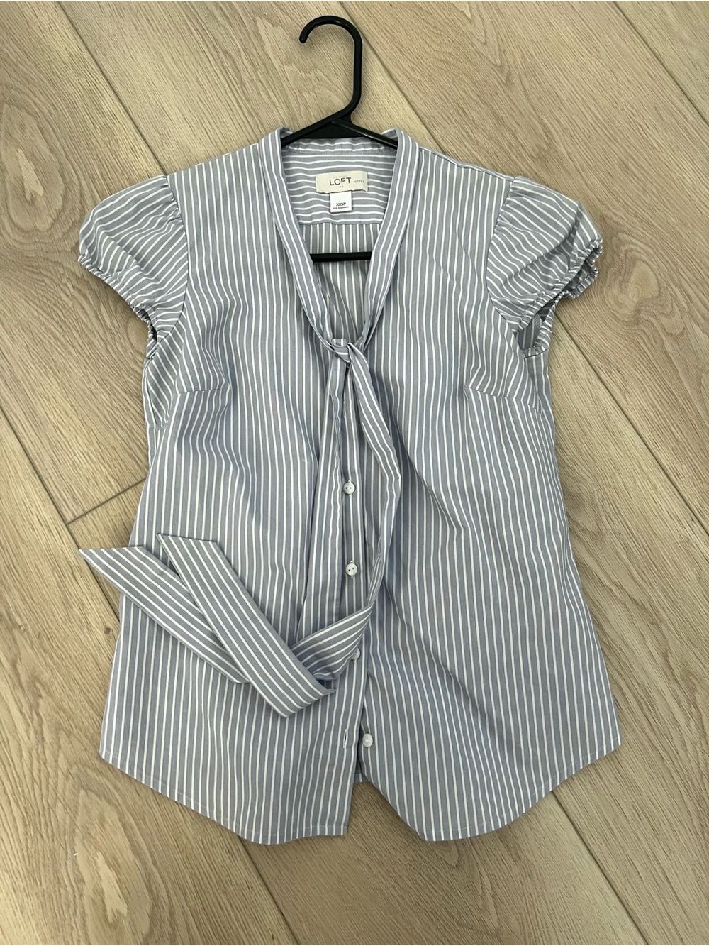 LOFT Blue and White Striped Tie-Neck Cap Sleeve Button-Down